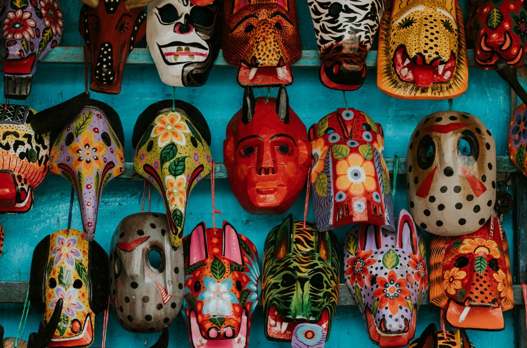 A row of colorful masks